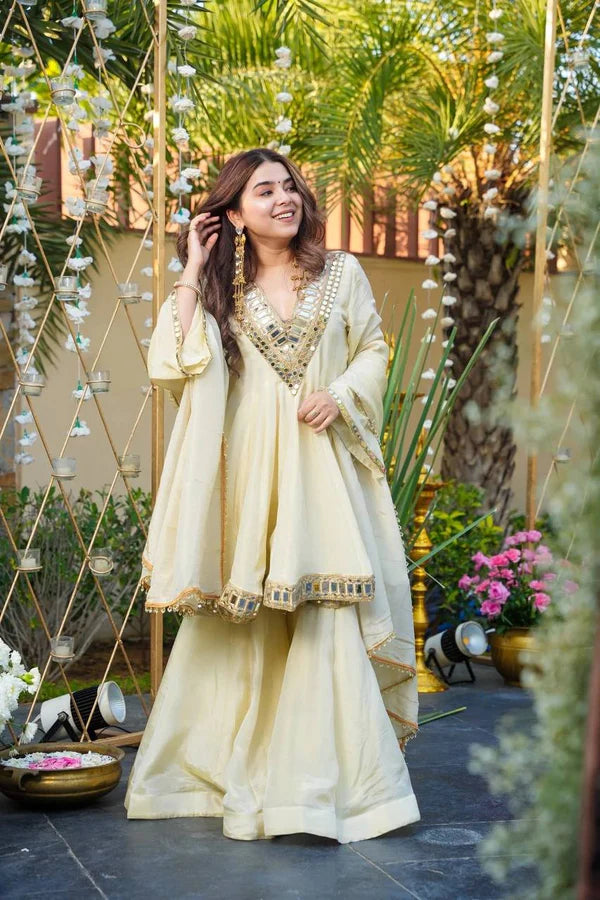 Cosmos Gold Jari Silk Sharara Set