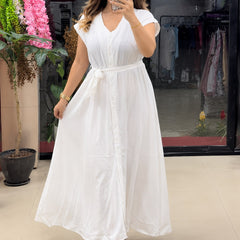 Women’s Button-Down Tie-Waist Flared Maxi  White Dress