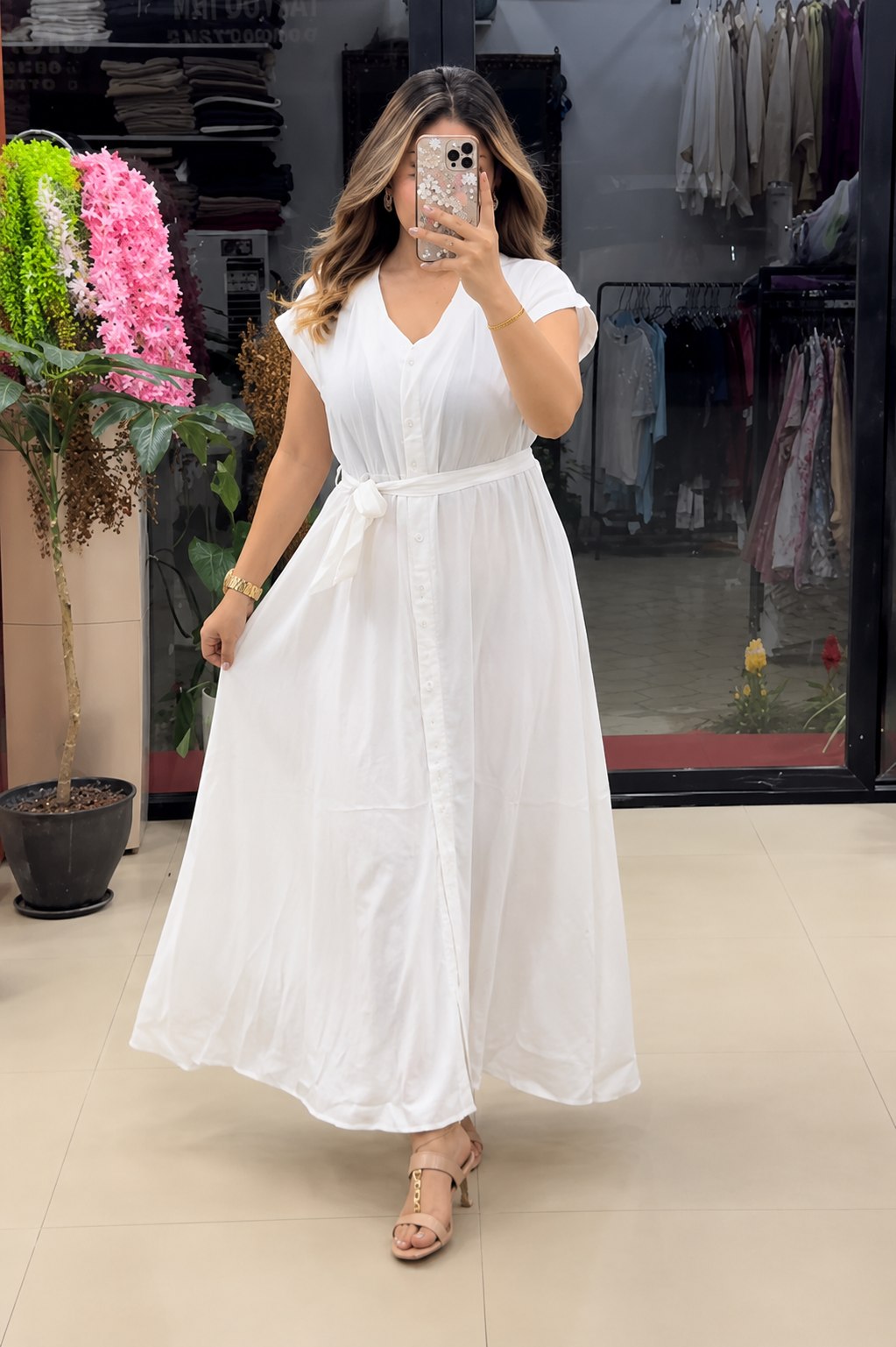 Women’s Button-Down Tie-Waist Flared Maxi  White Dress