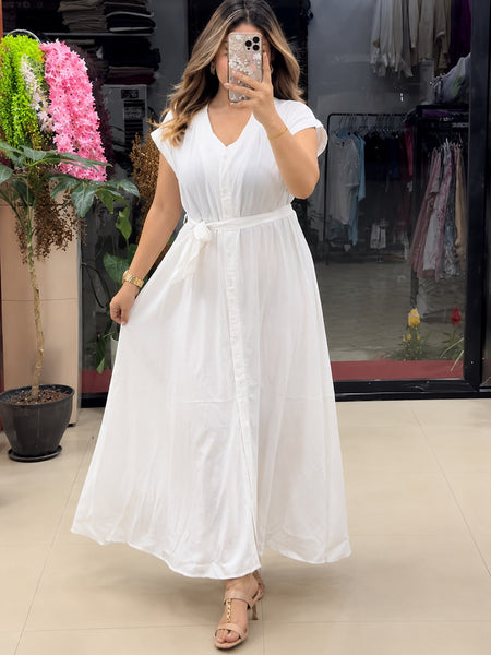 Women’s Button-Down Tie-Waist Flared Maxi  White Dress