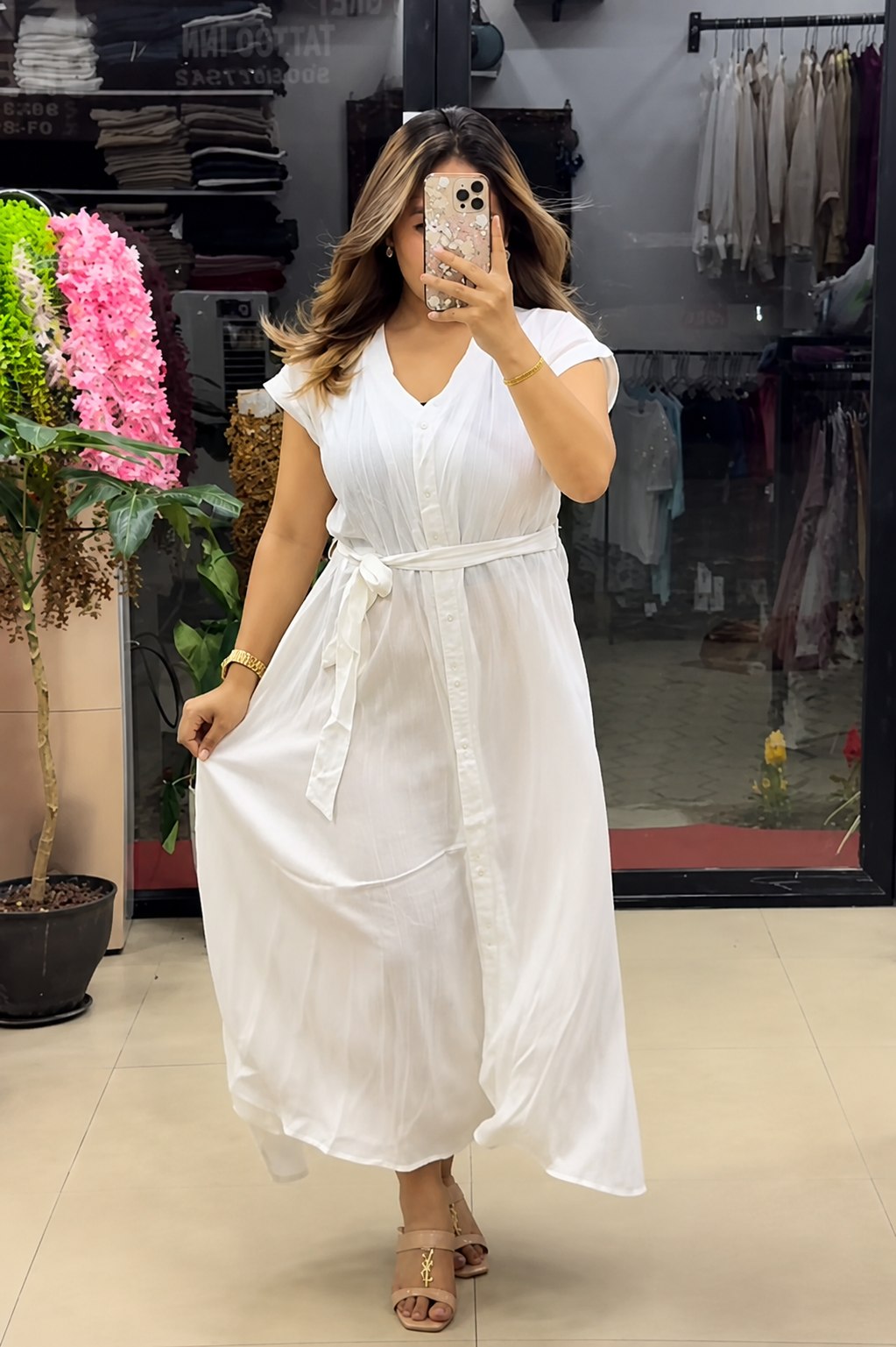Women’s Button-Down Tie-Waist Flared Maxi  White Dress