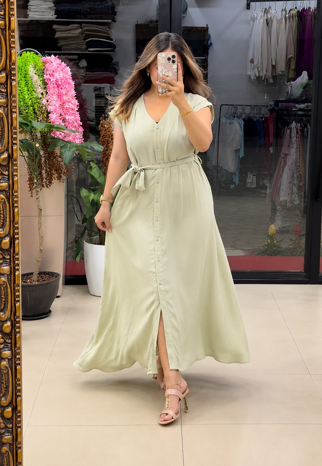 Women’s Button-Down Tie-Waist Flared Maxi  White Dress
