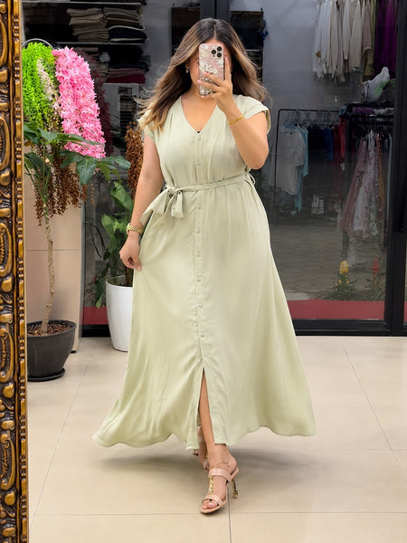 Women’s Button-Down Tie-Waist Flared Maxi Mint Green Dress