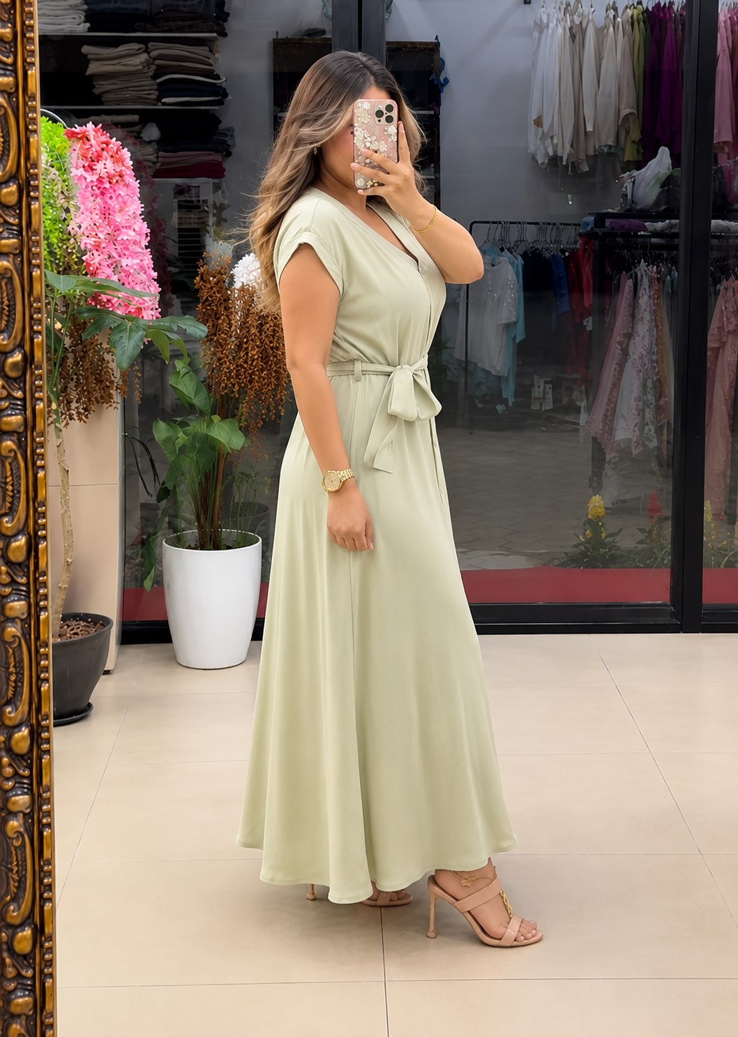 Women’s Button-Down Tie-Waist Flared Maxi  White Dress