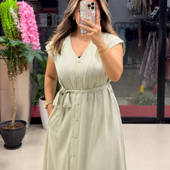 Women’s Button-Down Tie-Waist Flared Maxi  White Dress