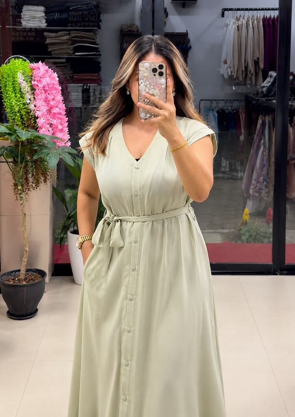 Women’s Button-Down Tie-Waist Flared Maxi Pink Dress