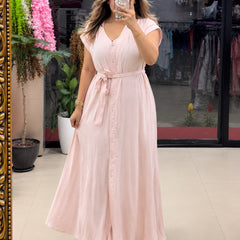 Women’s Button-Down Tie-Waist Flared Maxi  White Dress