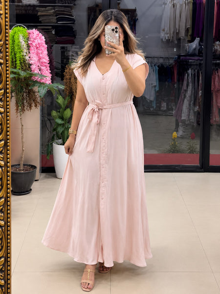 Women’s Button-Down Tie-Waist Flared Maxi Pink Dress