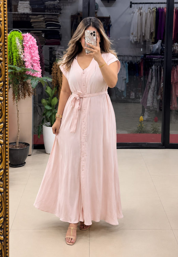 Women’s Button-Down Tie-Waist Flared Maxi Pink Dress