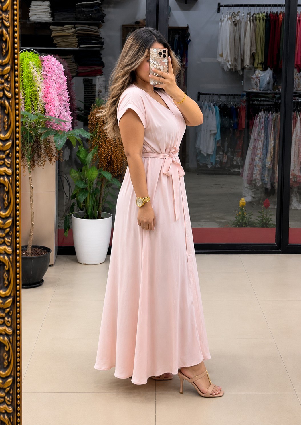 Women’s Button-Down Tie-Waist Flared Maxi  White Dress