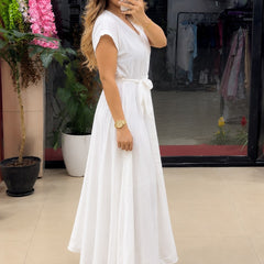 Women’s Button-Down Tie-Waist Flared Maxi  White Dress
