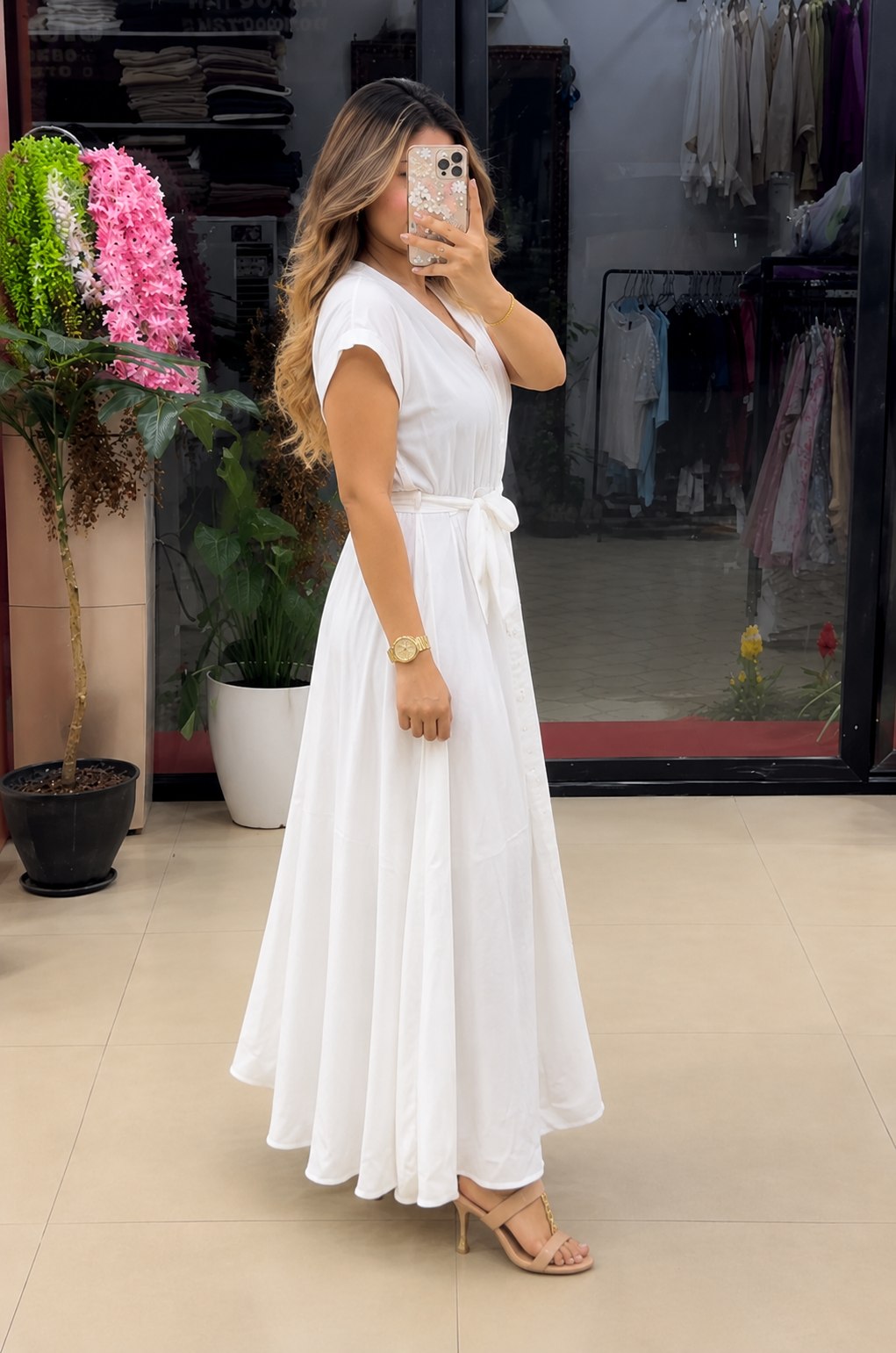 Women’s Button-Down Tie-Waist Flared Maxi  White Dress