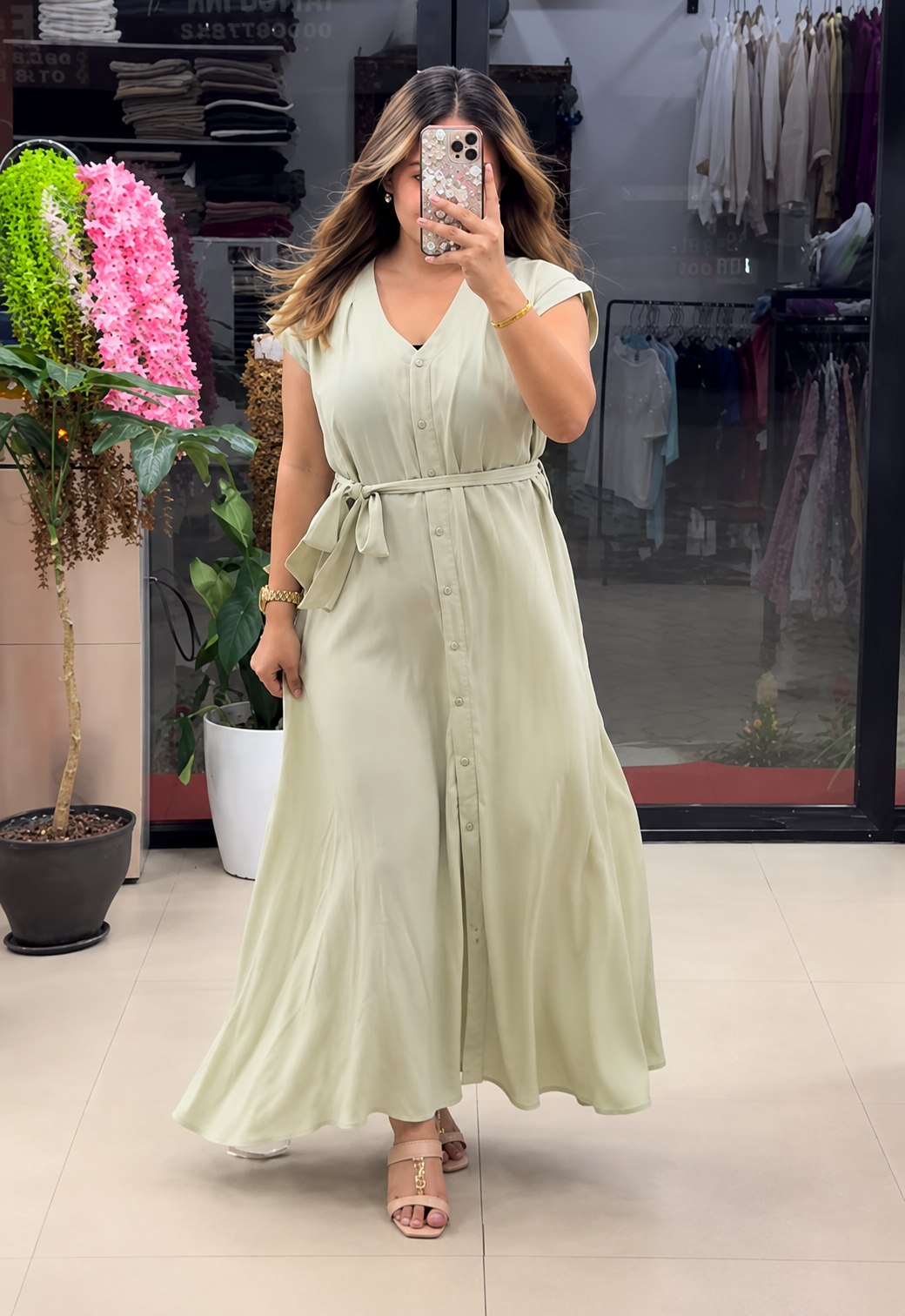 Women’s Button-Down Tie-Waist Flared Maxi  White Dress