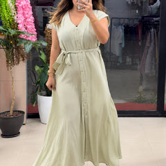 Women’s Button-Down Tie-Waist Flared Maxi  White Dress